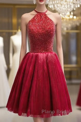 Red Halter Beaded Short Party Dresses, Beaded And Sequined Party Dresses, Homecoming Dresses