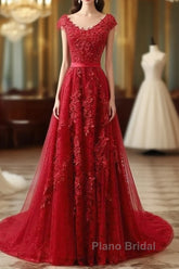 Red Lace Formal Prom Dresses Cap Sleeves Formal Dresses, Evening Dresses, Dance Dresses