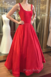 Red Formal Prom Dresses, A-line Square Neckline Regular Straps Long/Floor-Length Satin Formal Prom Dresses
