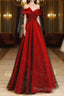 Red Satin And Black Tulle A-Line Off Shoulder Party Dresses, Simple A-Line Formal Prom Dresses