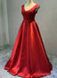 Red Satin V-neckline Floor Length Prom Dress, Backless Red Party Dress