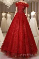 Red Scoop Ball Gown Shiny Tulle Off Shoulder Party Dresses, Red Sweet 16 Dresses Formal Dresses