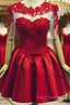 Red Short Sleeves Satin And Applique Homecoming Dresses, Red Short Formal Prom Dresses, Formal Dresses
