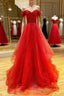 Red sweetheart off shoulder tulle long Formal Prom dress tulle formal dress