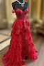 Red Sweetheart Tulle Off Shoulder Layers Long Party Dresses, A-Line Red Tulle Formal Prom Dresses