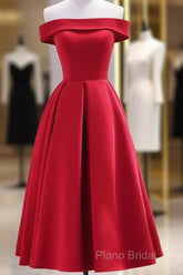Red Tea Length Vintage Style Wedding Party Dresses, Off Shoulder Formal Dresses, Red Party Dresses