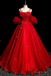 Red Tulle Ball Gown Off Shoulder Sweet 16 Formal Dresses, Red Evening Gown Party Dress