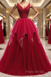 Red V Neck Long Formal Prom Dresses with Corset Back, Red Floor Length Formal Prom Gown, Evening Dresses