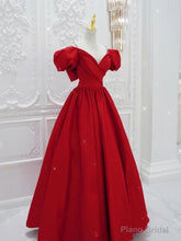 Red V Neck Satin Long Prom Dress, Red Formal Evening Dresses