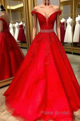 Red v neck tulle lace long Formal Prom dress, red tulle evening dress