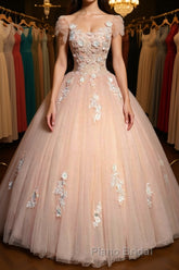 Round Neck Cap Sleeves Lace Pink Long Formal Prom Dress, Pink Lace Formal Dress, Pink Evening Dress, Ball Gown