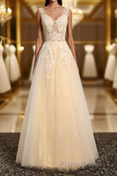 Round Neck Champagne Lace Formal Prom Dresses with Corset Back, Champagne Lace Formal Evening Bridesmaid Dresses