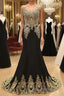 Round Neck Mermaid Lace Applique Black Formal Prom Dresses, Lace Black Formal Dresses