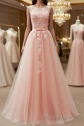 Round Neck Pink Lace Long Formal Prom Dresses, Pink Lace Bridesmaid Dresses