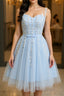 Round Neck Short Blue Lace Formal Prom Dresses, Short Blue Lace Homecoming Graduation Dresses