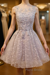 Round Neck Short Gray Lace Formal Prom Dresses, Short Gray Lace Formal Homecoming Graduation Dresses