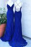 Royal Blue Lace Sheath Prom Dresses Long Open Back