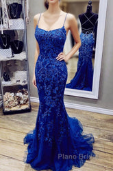 Royal Blue Mermaid Straps Tulle And Lace Party Dresses, Royal Blue Formal Prom Dresses