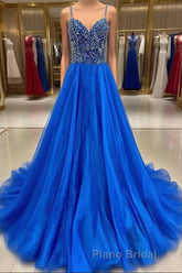 Royal Blue Formal Prom Dress A Line Spaghetti Straps Long Party Evening Dress with Beading
