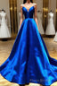 Royal Blue Satin A Line V Neck Long Formal Prom Dresses