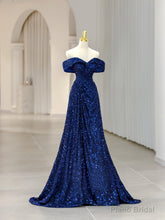 Royal Blue Sequins Long Prom Dress,Off the Shoulder Formal Evening Dresses