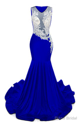 Royal Blue V-Neck Sheer Corset Prom Dresses Beaded Mermaid Long Train Evening Gowns