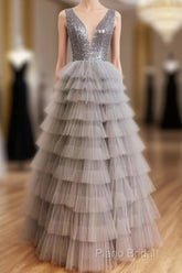 Ruffles Tulle V Neck Gray Sequin Long Formal Prom Dresses