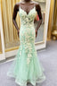 Sage Green Spaghetti Straps Mermaid Formal Prom Dresses With Appliques