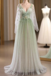 Sage Green Tulle Long Sleeve 3D Flower Formal Prom Dresses