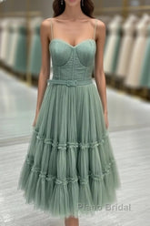 Sage Tiered Tulle Tea Length Corset Dresses