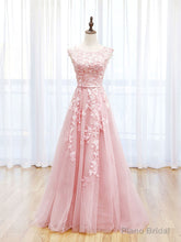 Scoop Neckline Tulle Pink Long Prom Dress, Pink Backless Evening Dresses
