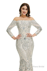 Sequins Mermaid Long Sleeves Off the Shoulder Evening Dresses