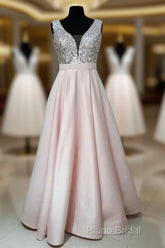 Sequins V-Neck Floor Length Satin Formal Prom Dresses