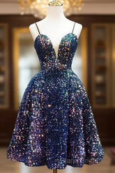 Sequins V-Neckline Short Straps Homecoming Dresses, Short Sequins Formal Prom Dresses
