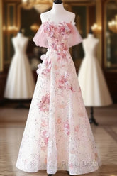Sexy A Line Off The Shoulder Pink Tulle Floor Length Floral Formal Prom Dresses