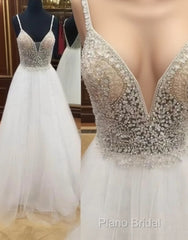 Sexy Backless V Neck White Beaded A-Line Long Formal Prom Dresses