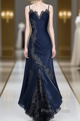 Sexy Bodycon Mermaid Straps Long Navy Blue Lace Formal Prom Dresses Party Dresses