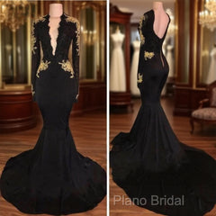 Sexy Deep V-Neck Long Sleeves Black Gold Formal Prom Dresses