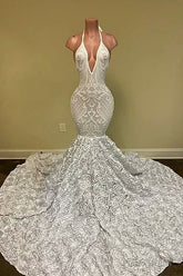 Sexy Hater Deep V-Neck Backless Ivory Prom Dress with Flowers Bottom