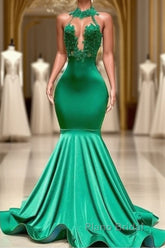 Sexy Long Green Lace Formal Prom Dresses Open Back Mermaid Halter Dresses