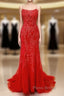 Sexy Long Lace Red Formal Prom Dresses Open Back