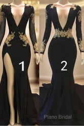 Sexy Long Sleeve Black Gold Formal Prom Dresses V Neck Appliques Formal Dresses