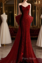 Sexy Mermaid Strapless Red Lace Long Formal Prom Dresses