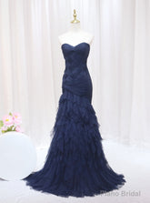 Sexy Navy Blue Mermaid Tulle Strapless Pleats Prom Dress