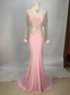 Sexy Pink Long Sleeve Beaded Chiffon Long Prom Dress