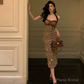 Sexy Sheath Halter Sequin Midi Evening Dress Prom Dresses Birthday Outfits