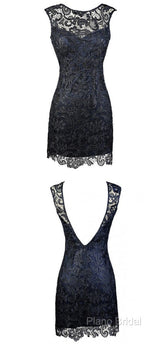 Sheath Bateau Backless Short Homecoming Navy Blue Lace Mother Of The Bride Dresses