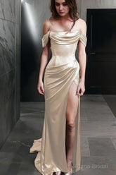 Sheath Off-the-Shoulder Sweep Train Silk like Satin Prom Dresses With Leg Slit