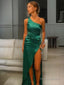Sheath/Column One-Shoulder Floor-Length Elastic Woven Satin Prom Dresses With Leg Slit