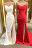 Sheath/Column Spaghetti Straps Sweep Train Elastic Woven Satin Formal Prom Dresses With Leg Slit